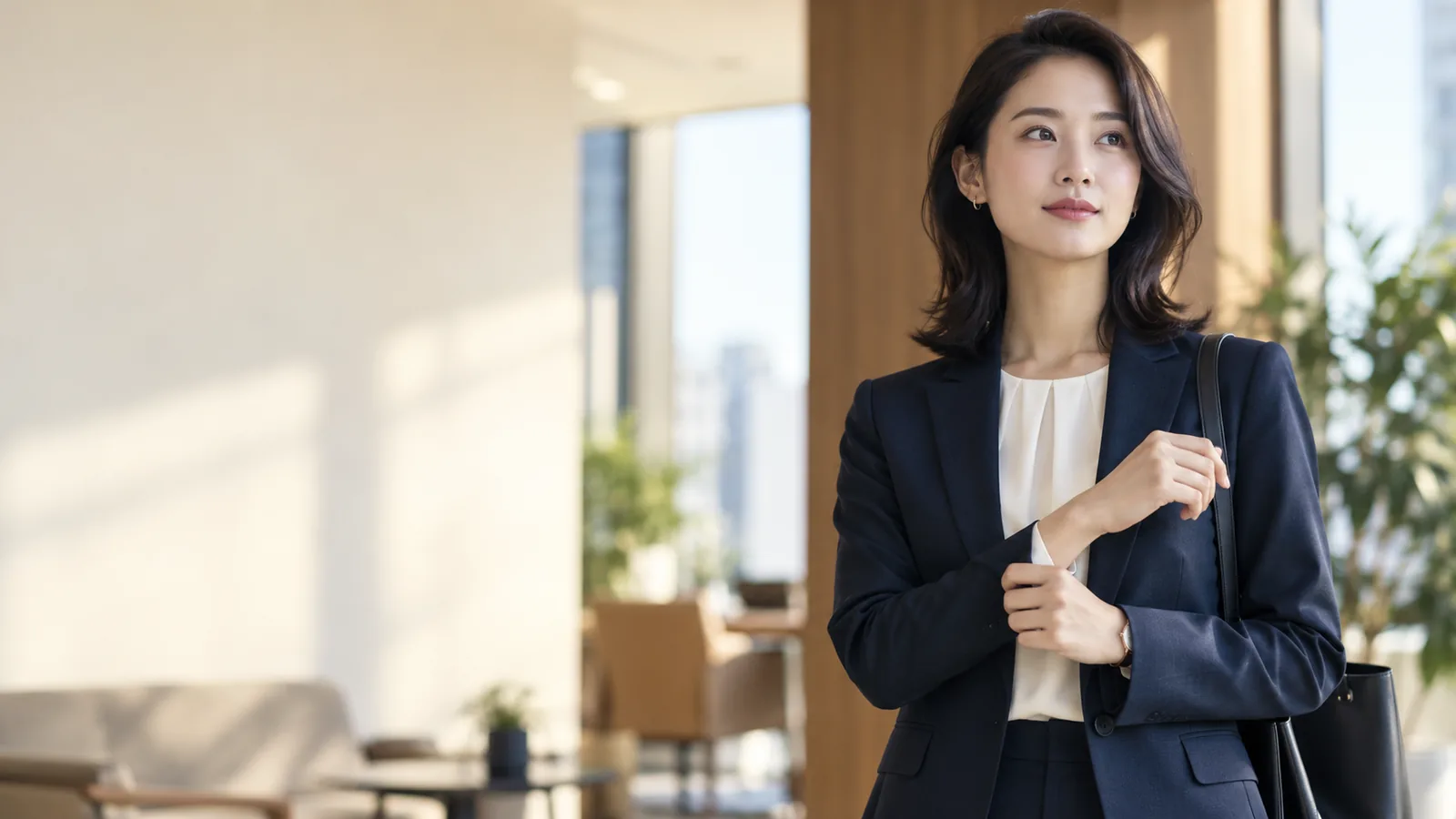 ネイビーのスーツを着て、商談に向けて袖口を整える女性の営業担当者