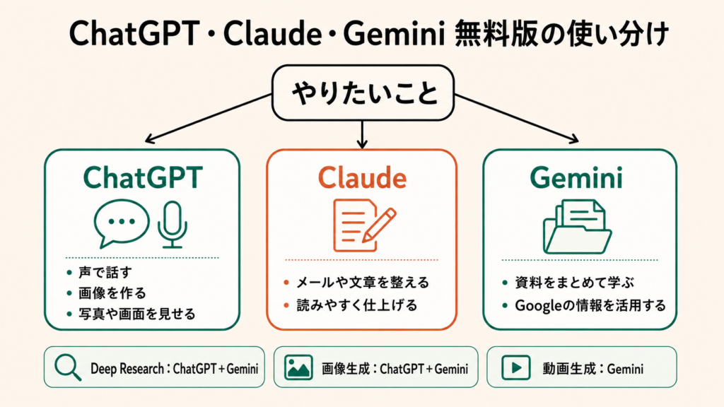 ChatGPT・Claude・Gemini 無料版の使い分け